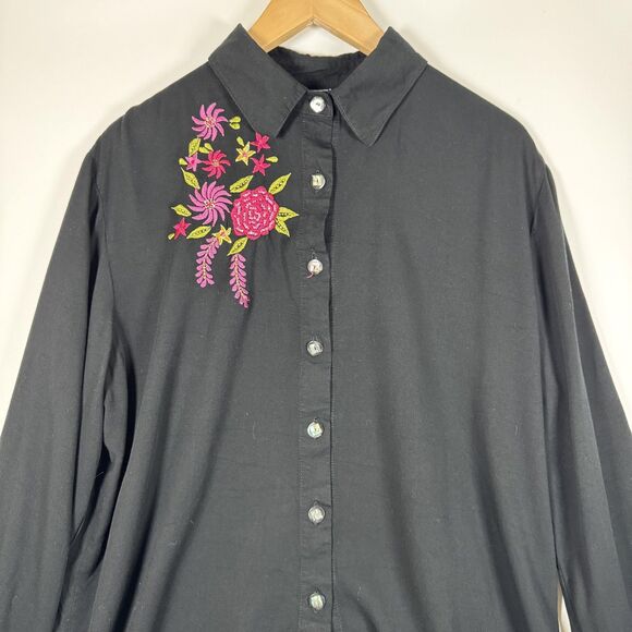 Surya Blouse Womens Large Black Button Up Floral Embroidered Beaded Rayon Boho - Picture 2 of 10